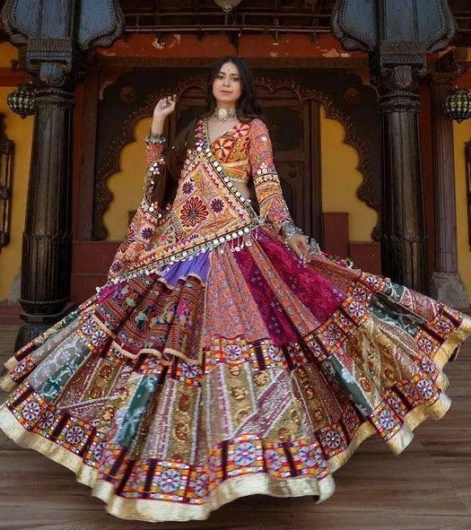 Multicolor print mirror work gujarati garba ghagra navratri lehenga chaniya choli