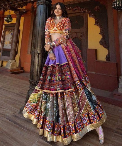 Multicolor print mirror work gujarati garba ghagra navratri lehenga chaniya choli