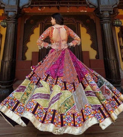 Multicolor print mirror work gujarati garba ghagra navratri lehenga chaniya choli