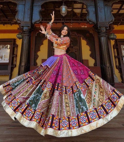 Multicolor print mirror work gujarati garba ghagra navratri lehenga chaniya choli