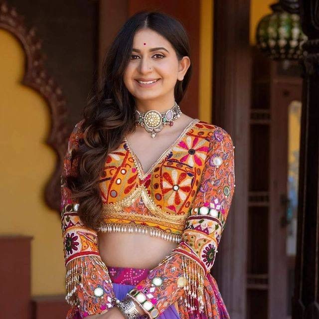 Multicolor print mirror work gujarati garba ghagra navratri lehenga chaniya choli