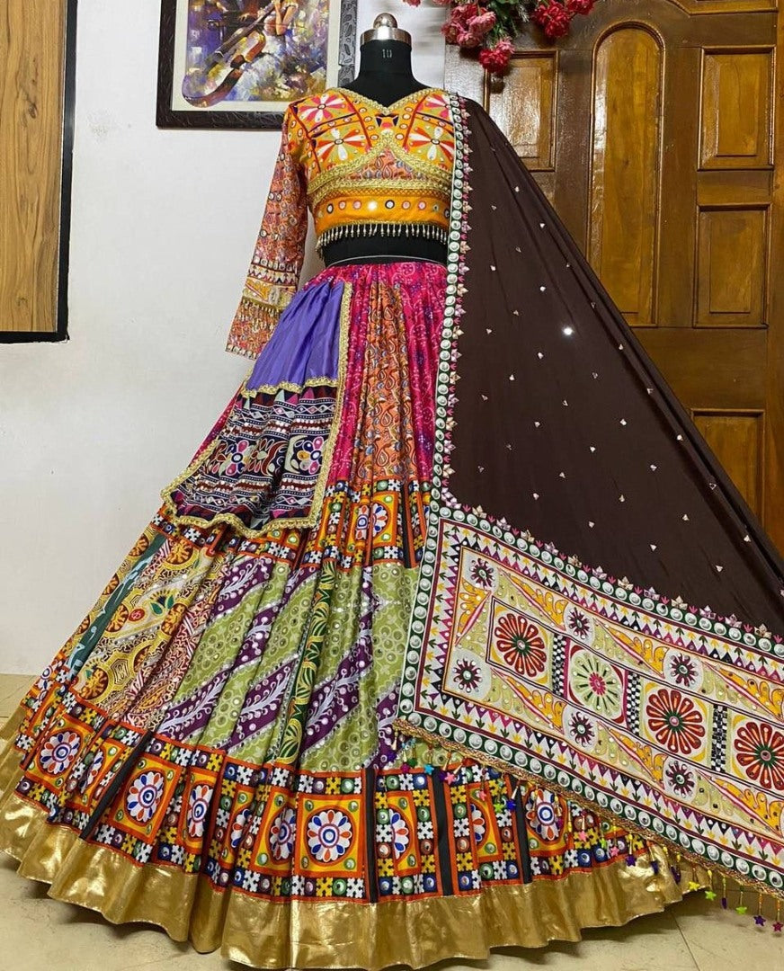 Multicolor print mirror work gujarati garba ghagra navratri lehenga chaniya choli