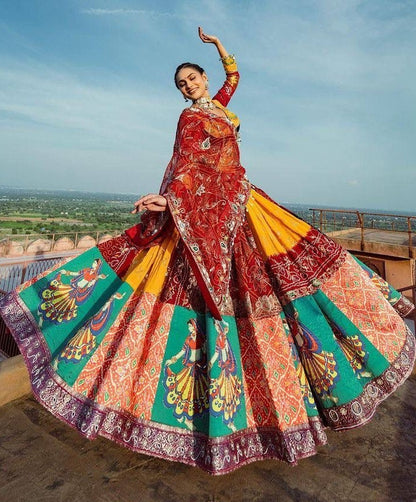 Multicolor print mirror work gujarati garba navratri ghagra lehenga chaniya choli