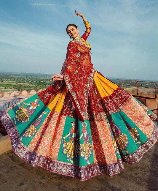 Multicolor print mirror work gujarati garba navratri ghagra lehenga chaniya choli