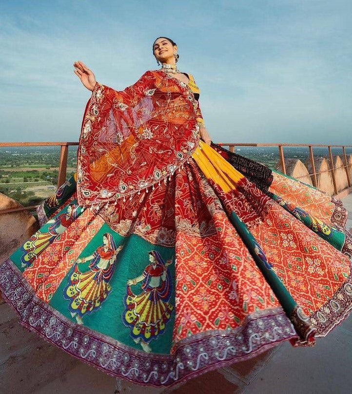 Multicolor print mirror work gujarati garba navratri ghagra lehenga chaniya choli