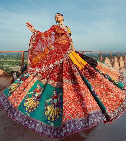 Multicolor print mirror work gujarati garba navratri ghagra lehenga chaniya choli