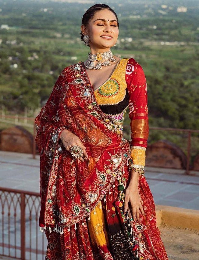 Multicolor print mirror work gujarati garba navratri ghagra lehenga chaniya choli