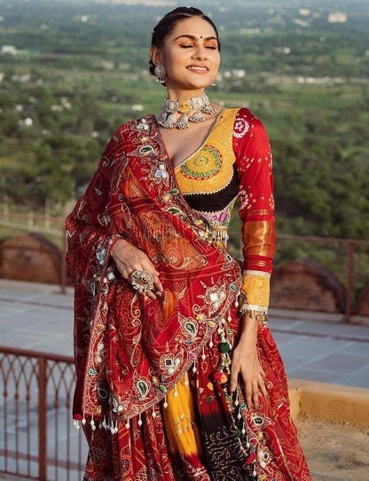 Multicolor print mirror work gujarati garba navratri ghagra lehenga chaniya choli