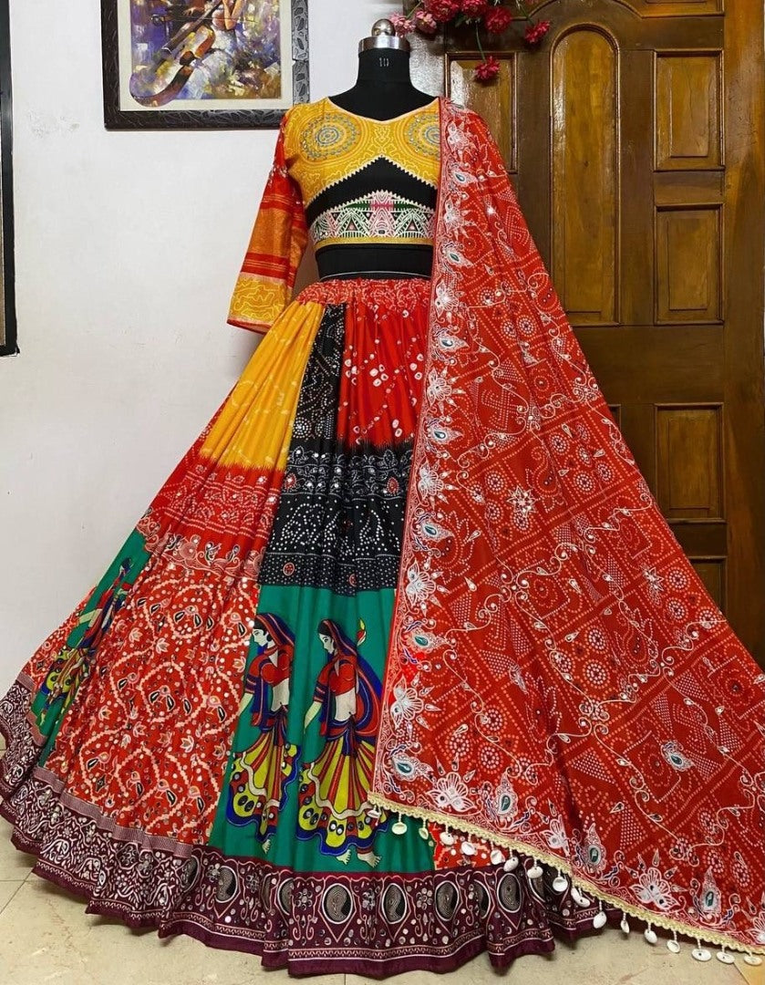 Multicolor print mirror work gujarati garba navratri ghagra lehenga chaniya choli