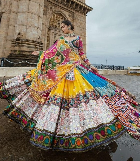 Multicolor print mirror work gujarati garba navratri lehenga chaniya choli