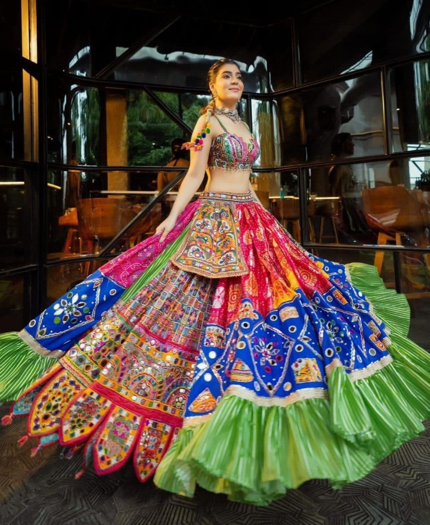 Multicolor print mirror work gujarati garba navratri lehenga chaniya choli
