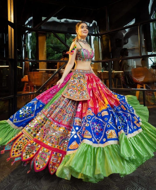 Multicolor print mirror work gujarati garba navratri lehenga chaniya choli