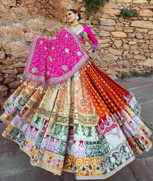 Multicolor print mirror work gujarati garba navratri lehenga chaniya choli