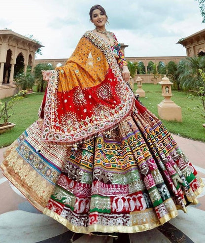 Multicolor print mirror work gujarati garba navratri lehenga chaniya choli