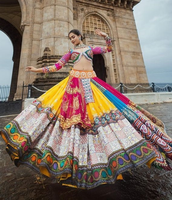 Multicolor print mirror work gujarati garba navratri lehenga chaniya choli