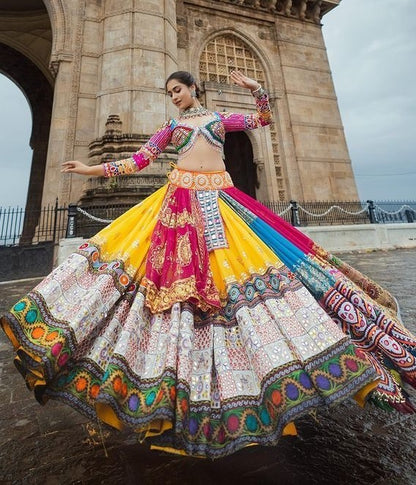 Multicolor print mirror work gujarati garba navratri lehenga chaniya choli