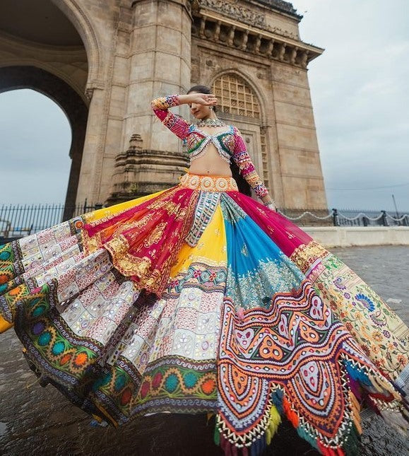 Multicolor print mirror work gujarati garba navratri lehenga chaniya choli