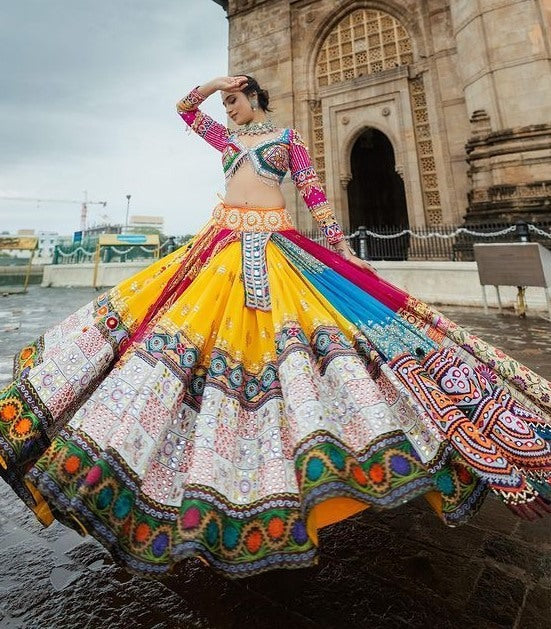 Multicolor print mirror work gujarati garba navratri lehenga chaniya choli
