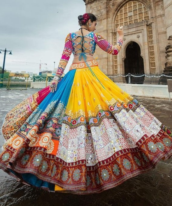 Multicolor print mirror work gujarati garba navratri lehenga chaniya choli