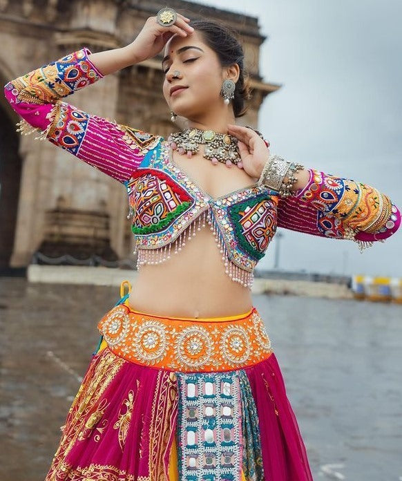 Multicolor print mirror work gujarati garba navratri lehenga chaniya choli