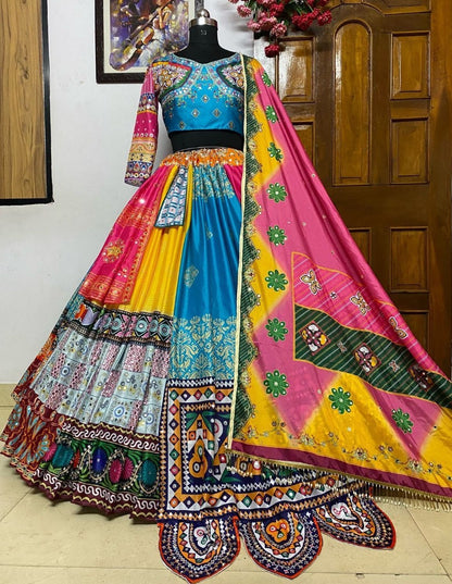 Multicolor print mirror work gujarati garba navratri lehenga chaniya choli