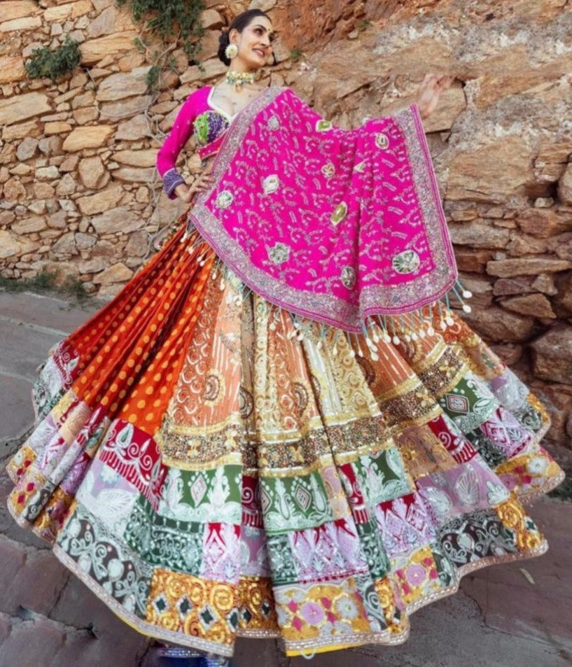 Multicolor print mirror work gujarati garba navratri lehenga chaniya choli