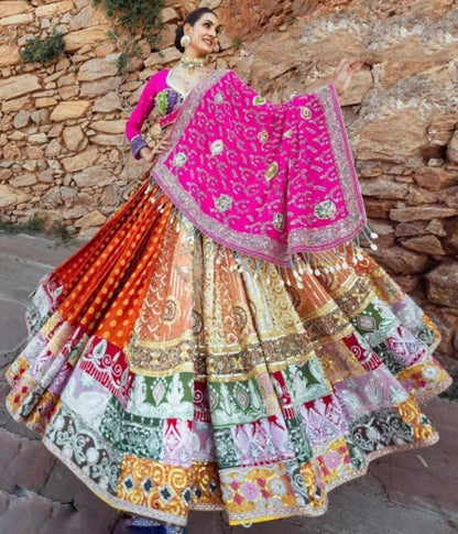 Multicolor print mirror work gujarati garba navratri lehenga chaniya choli