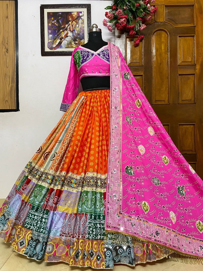 Multicolor print mirror work gujarati garba navratri lehenga chaniya choli