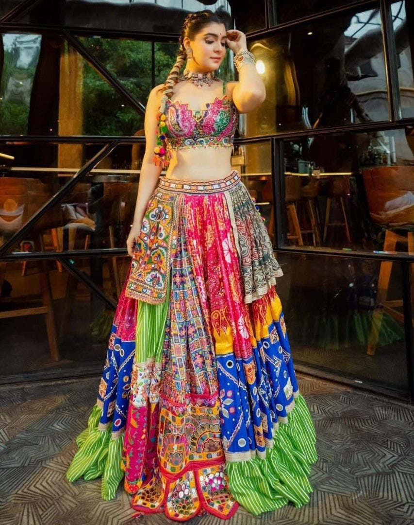 Multicolor print mirror work gujarati garba navratri lehenga chaniya choli