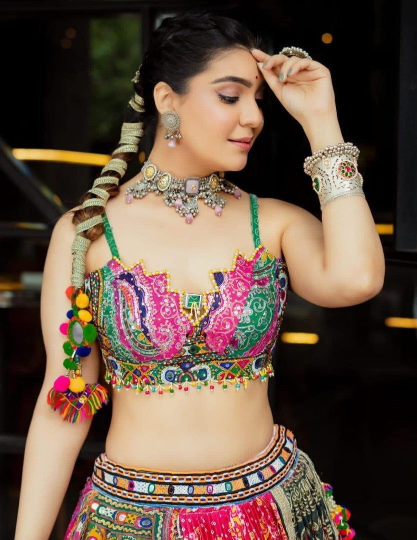 Multicolor print mirror work gujarati garba navratri lehenga chaniya choli