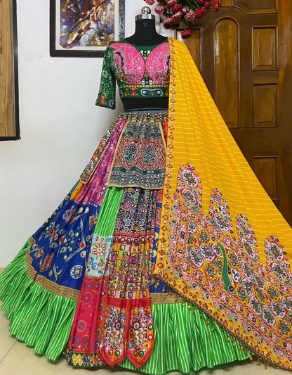 Multicolor print mirror work gujarati garba navratri lehenga chaniya choli