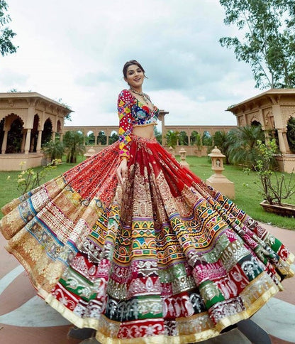 Multicolor print mirror work gujarati garba navratri lehenga chaniya choli