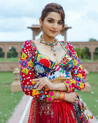 Multicolor print mirror work gujarati garba navratri lehenga chaniya choli