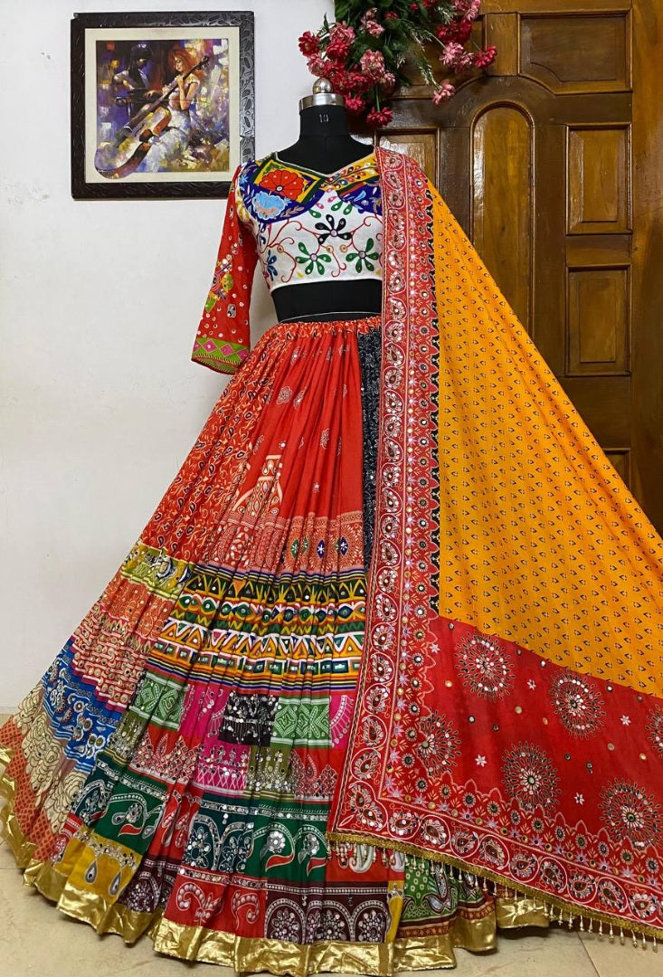 Multicolor print mirror work gujarati garba navratri lehenga chaniya choli