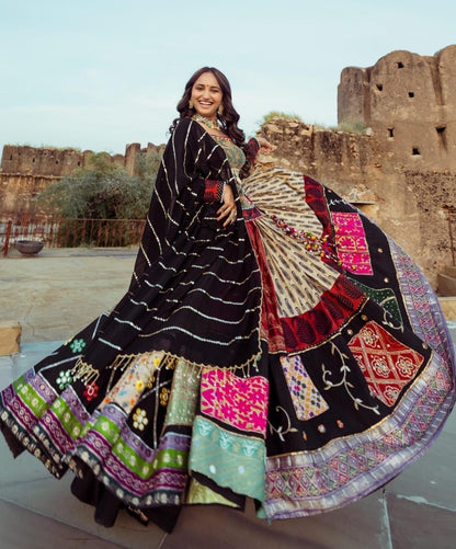 Multicolor printed and mirror work gujarati garba navratri lehenga chaniya choli