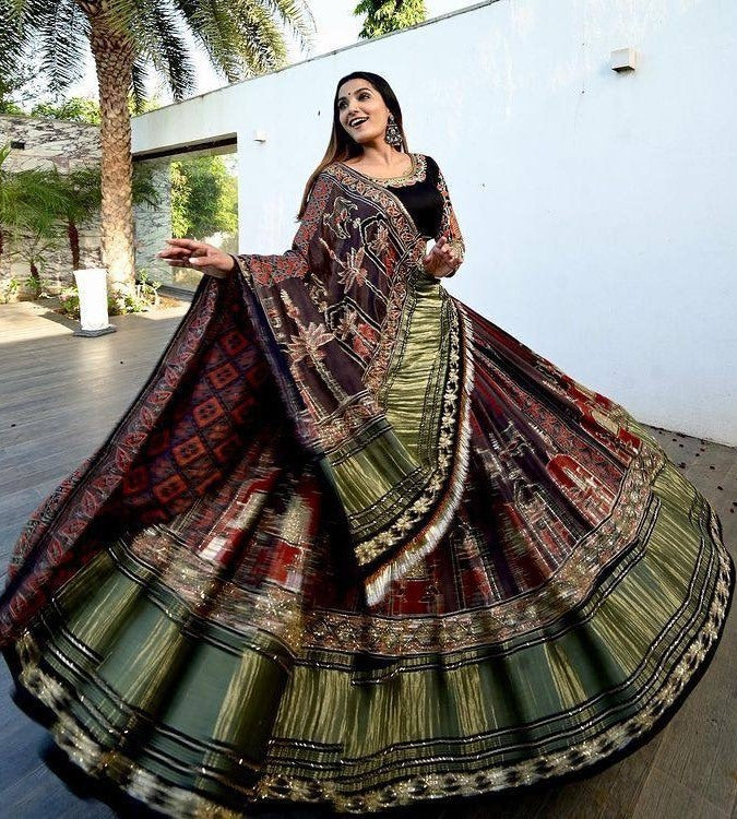 Multicolor printed and mirror work gujarati garba navratri lehenga chaniya choli