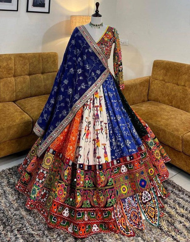 Multicolor printed and mirror work gujarati garba navratri lehenga chaniya choli