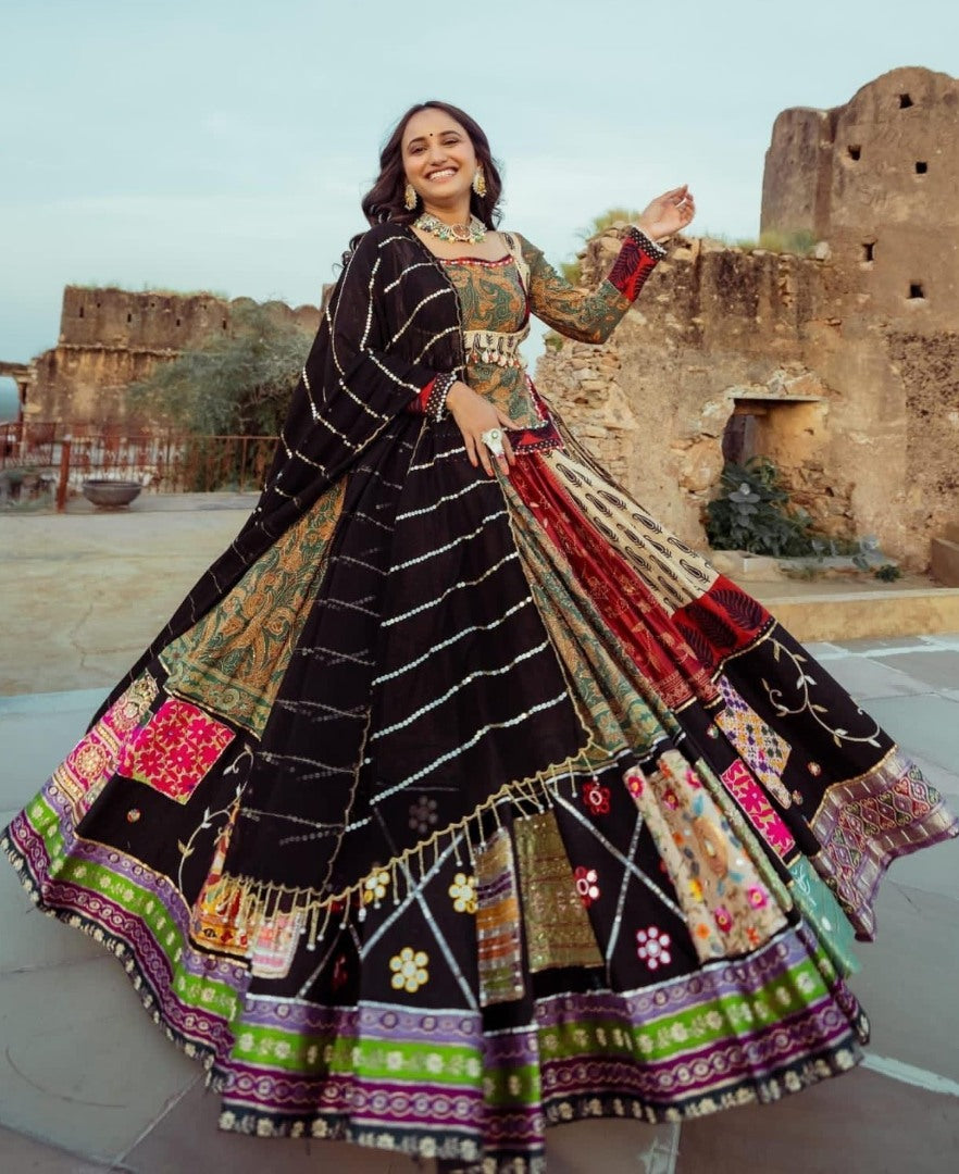 Multicolor printed and mirror work gujarati garba navratri lehenga chaniya choli