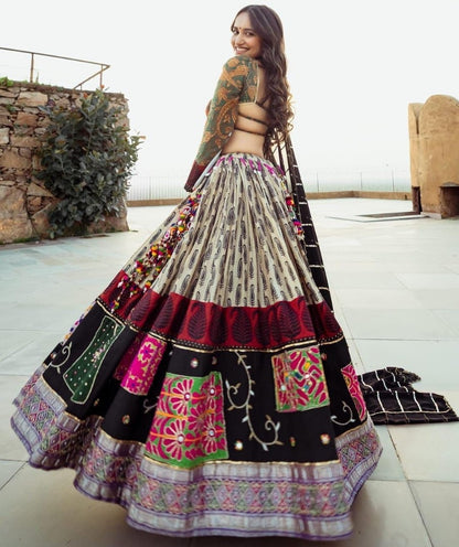 Multicolor printed and mirror work gujarati garba navratri lehenga chaniya choli