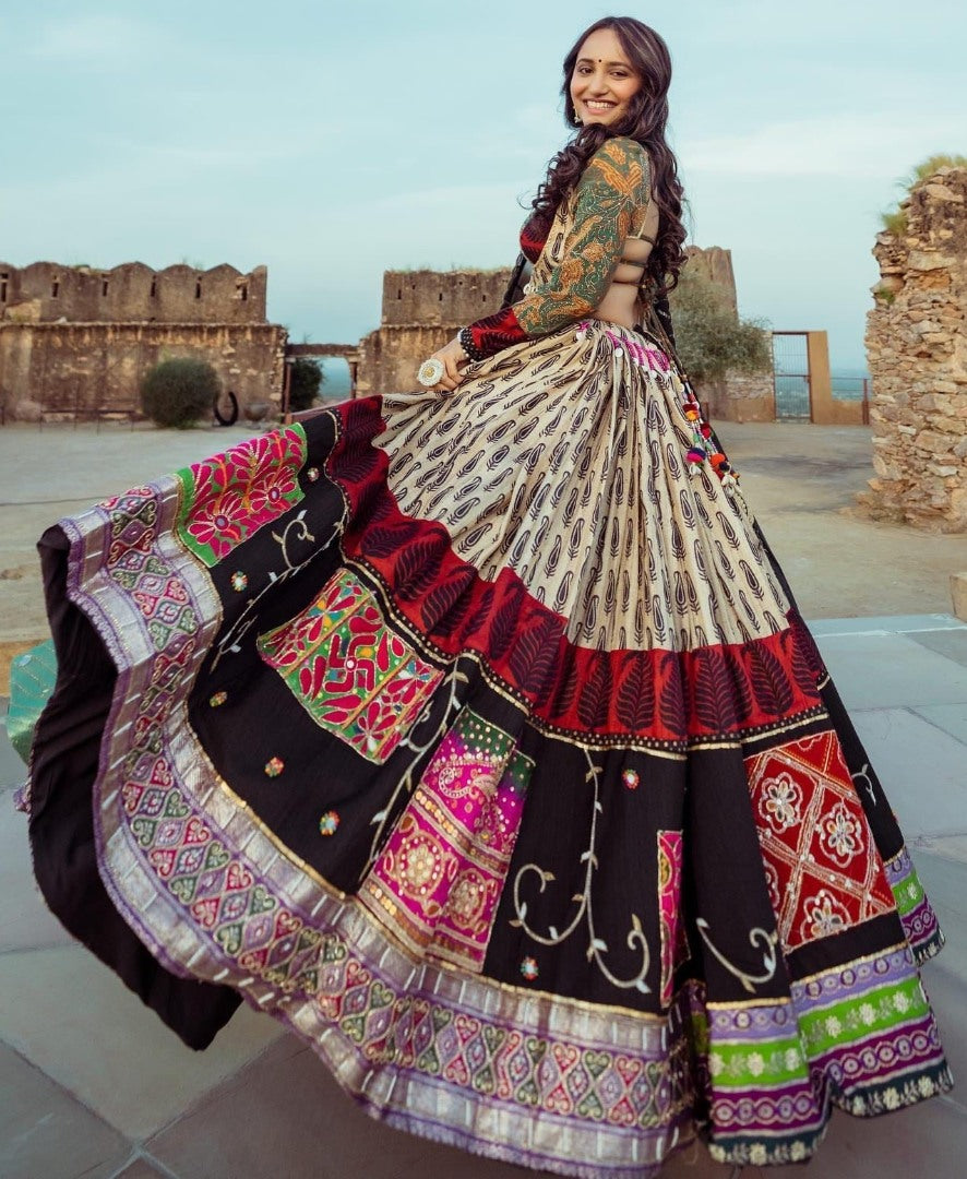 Multicolor printed and mirror work gujarati garba navratri lehenga chaniya choli