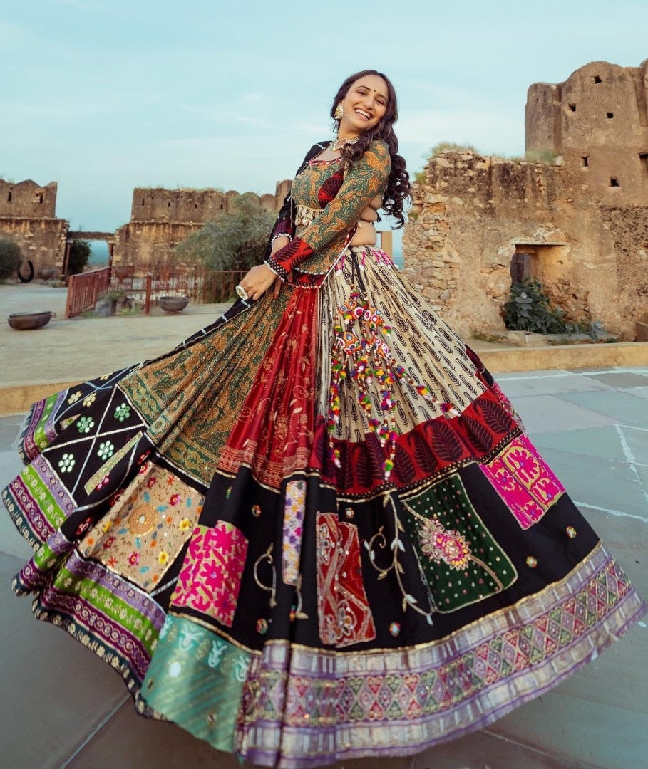 Multicolor printed and mirror work gujarati garba navratri lehenga chaniya choli