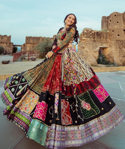 Multicolor printed and mirror work gujarati garba navratri lehenga chaniya choli