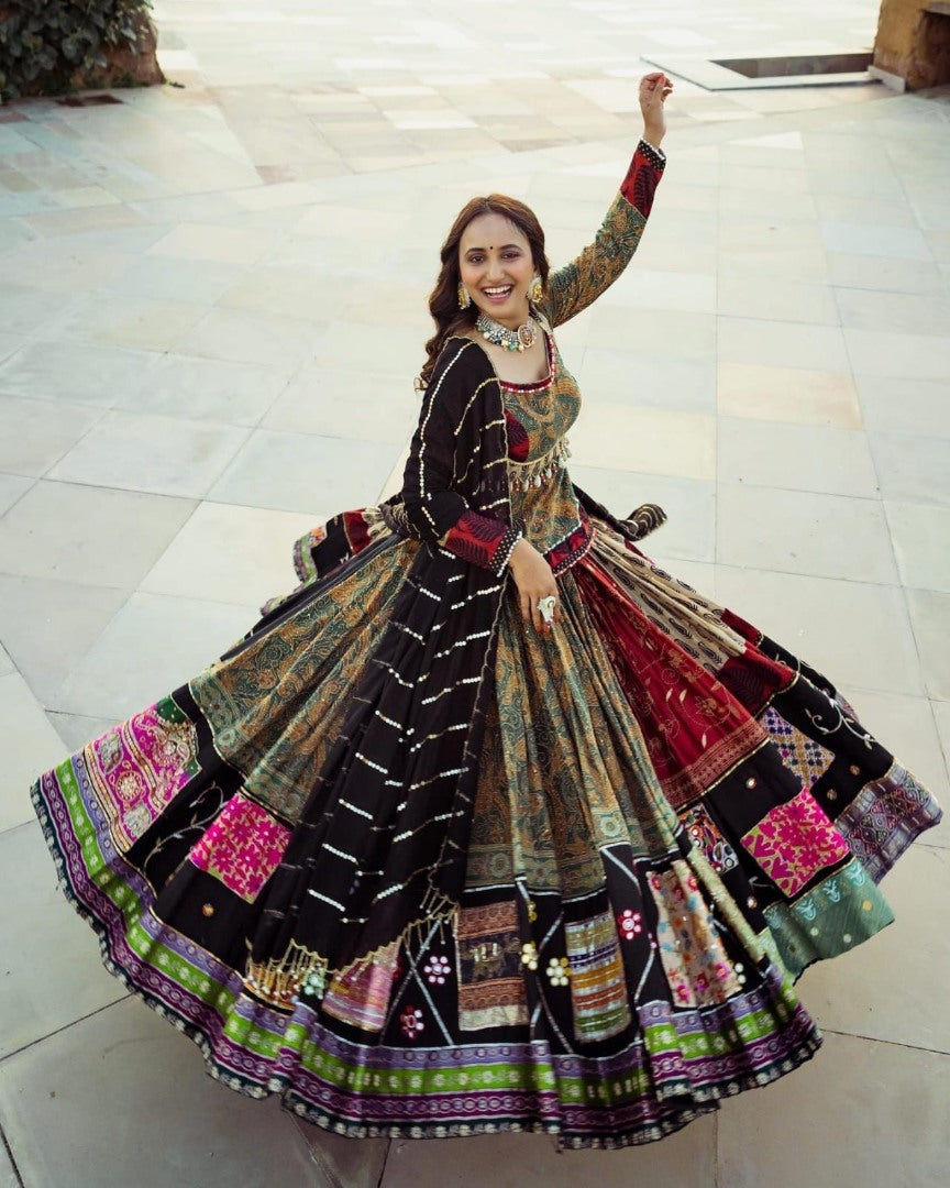 Multicolor printed and mirror work gujarati garba navratri lehenga chaniya choli