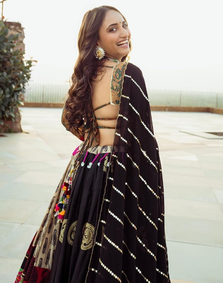 Multicolor printed and mirror work gujarati garba navratri lehenga chaniya choli