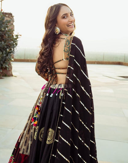 Multicolor printed and mirror work gujarati garba navratri lehenga chaniya choli