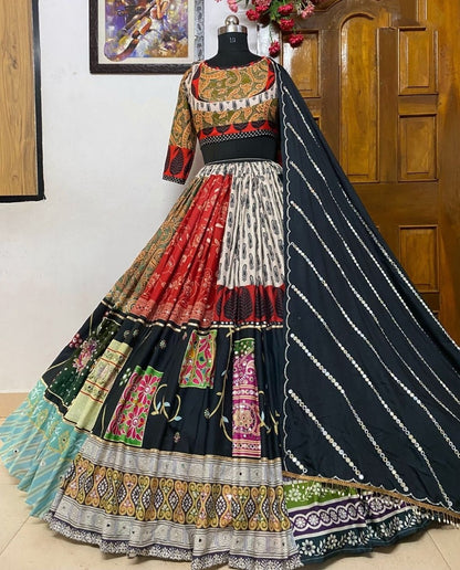 Multicolor printed and mirror work gujarati garba navratri lehenga chaniya choli
