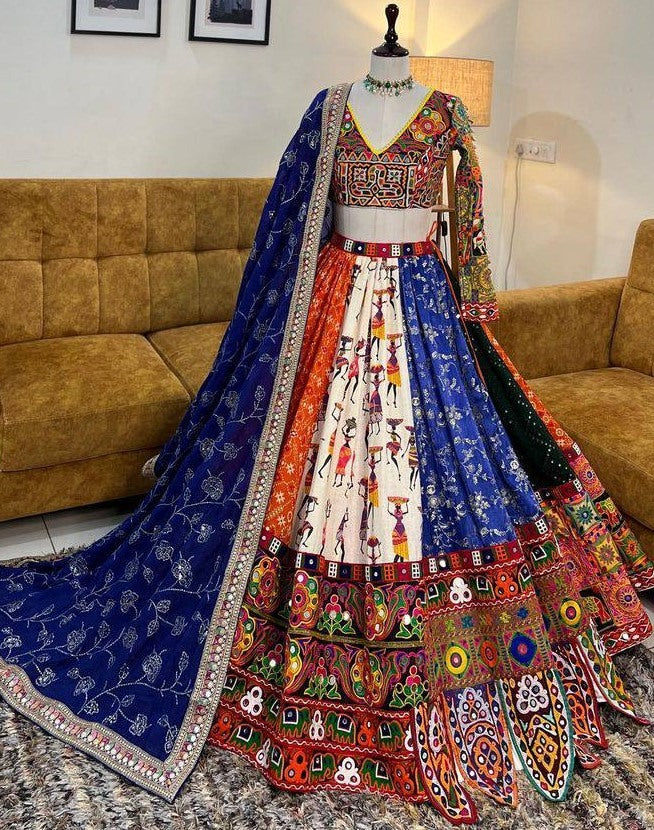 Multicolor printed and mirror work gujarati garba navratri lehenga chaniya choli