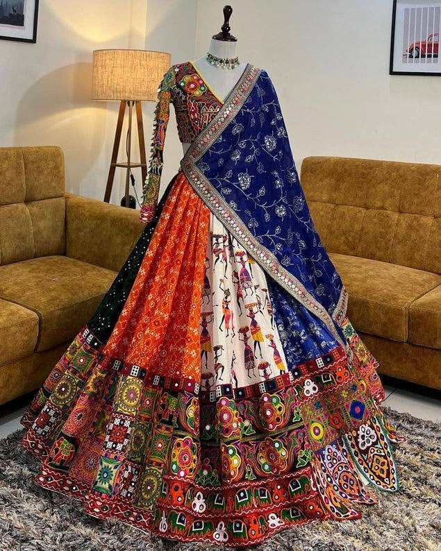Multicolor printed and mirror work gujarati garba navratri lehenga chaniya choli