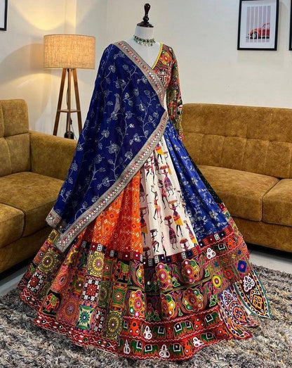 Multicolor printed and mirror work gujarati garba navratri lehenga chaniya choli