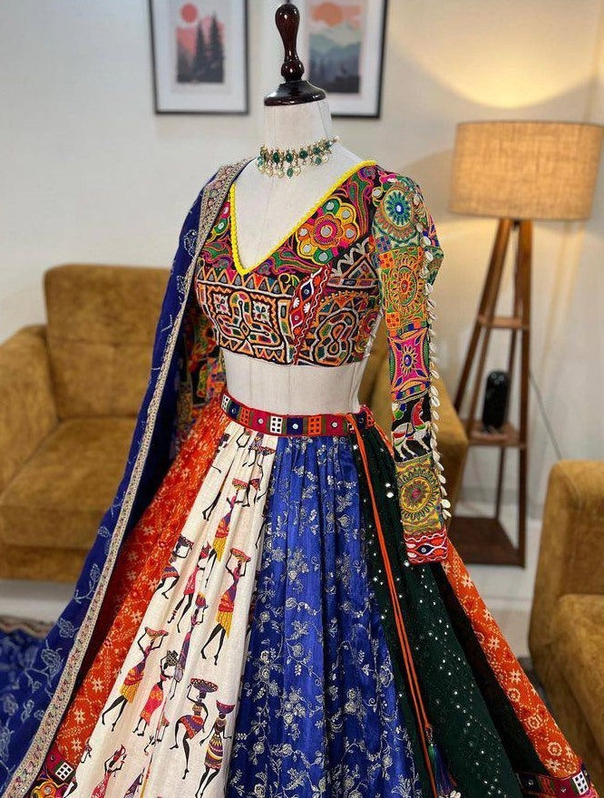 Multicolor printed and mirror work gujarati garba navratri lehenga chaniya choli